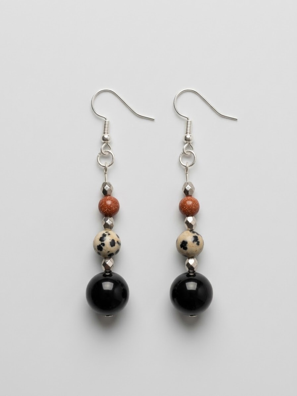 Dalmatian Jasper & Black Bead Drop Earrings with Brown Accent